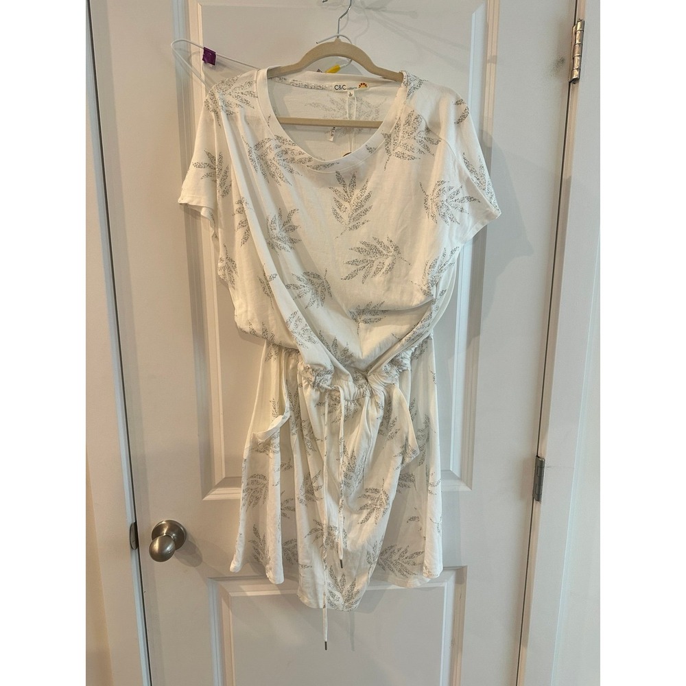 NEW C & C California Swim Cover Up Summer Dress White Cotton Print SZ L